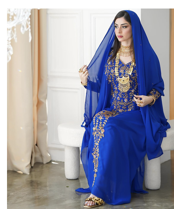 Royal Blue Moroccan Style Kaftan with Heavy Golden Embroidery for Women  2