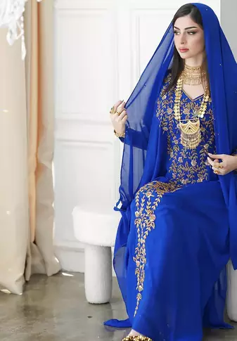 Royal Blue Moroccan Style Kaftan with Heavy Golden Embroidery for Women 