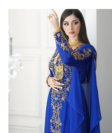 Royal Blue Moroccan Style Kaftan with Heavy Golden Embroidery for Women  3