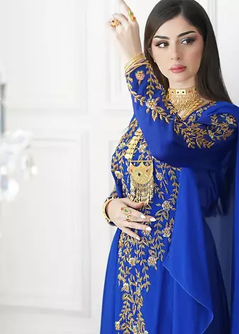 Royal Blue Moroccan Style Kaftan with Heavy Golden Embroidery for Women 