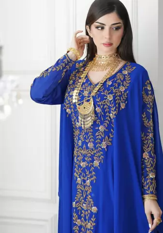 Royal Blue Moroccan Style Kaftan with Heavy Golden Embroidery for Women 