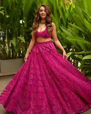 Pink Silk Embroidered Velvet Lehenga with Blouse & Net Dupatta  2