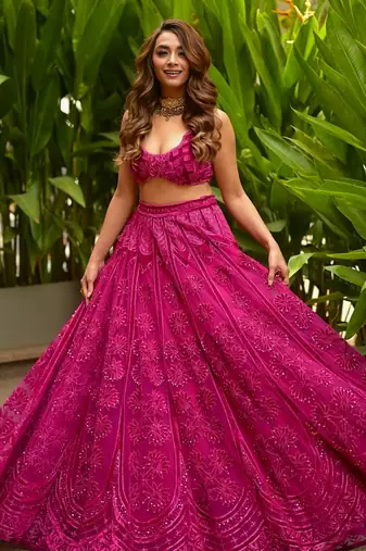 Pink Silk Embroidered Velvet Lehenga with Blouse & Net Dupatta 