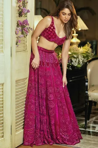 Pink Silk Embroidered Velvet Lehenga with Blouse & Net Dupatta 