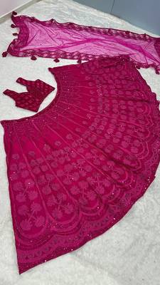 Pink Silk Embroidered Velvet Lehenga with Blouse & Net Dupatta  5