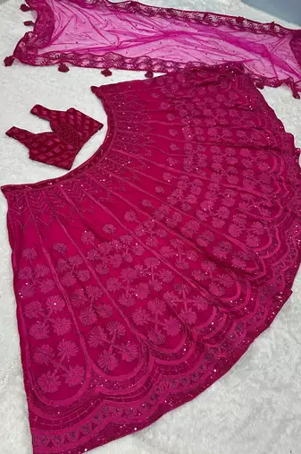 Pink Silk Embroidered Velvet Lehenga with Blouse & Net Dupatta 