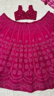 Pink Silk Embroidered Velvet Lehenga with Blouse & Net Dupatta  6