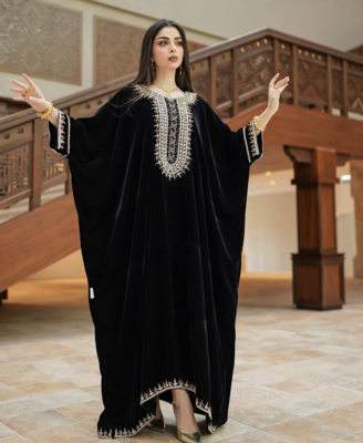 Black Velvet Moroccan Stitched Kaftan with Silver Embroidery for Women 1
