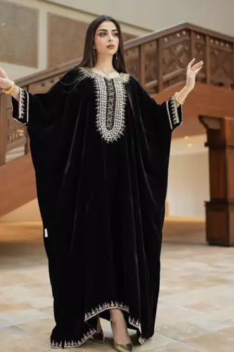 Black Velvet Moroccan Stitched Kaftan with Silver Embroidery for Women