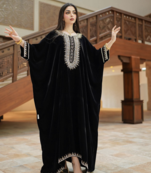 Black Velvet Moroccan Stitched Kaftan with Silver Embroidery for Women