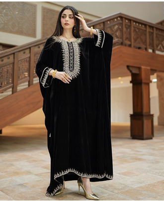 Black Velvet Moroccan Stitched Kaftan with Silver Embroidery for Women 2