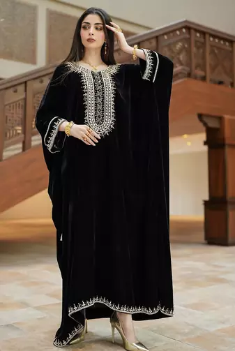 Black Velvet Moroccan Stitched Kaftan with Silver Embroidery for Women