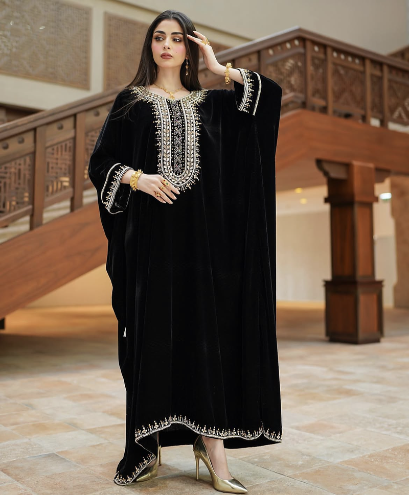 Black Velvet Moroccan Stitched Kaftan with Silver Embroidery for Women