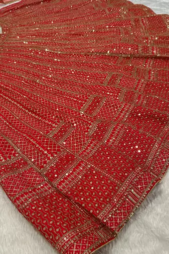 Red Net Sequins & Dori Embroidery Lehenga Choli With Dupatta