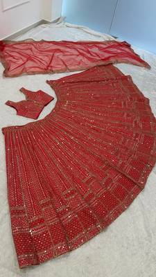 Red Net Sequins & Dori Embroidery Lehenga Choli With Dupatta 4