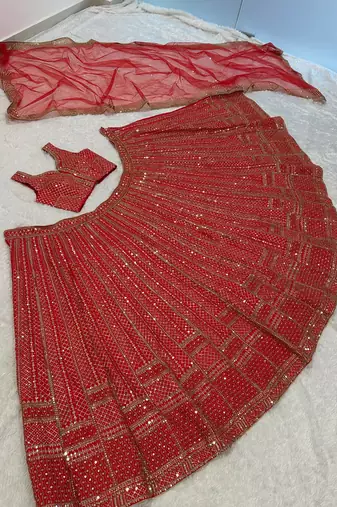 Red Net Sequins & Dori Embroidery Lehenga Choli With Dupatta