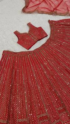 Red Net Sequins & Dori Embroidery Lehenga Choli With Dupatta 5