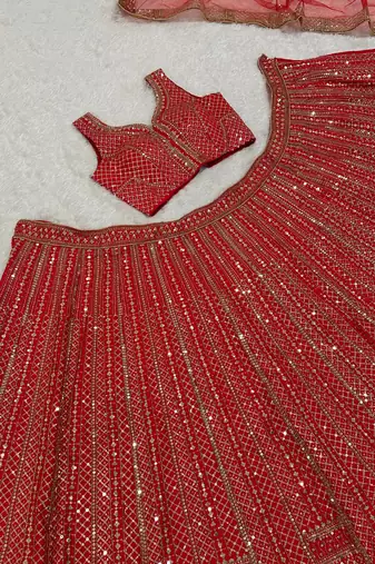 Red Net Sequins & Dori Embroidery Lehenga Choli With Dupatta