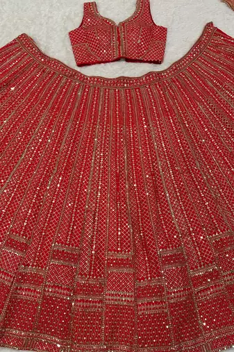 Red Net Sequins & Dori Embroidery Lehenga Choli With Dupatta