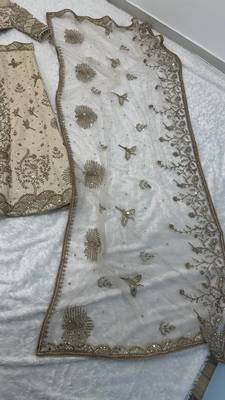 Cream net sequins dori & Zari Lehenga blouse with Dupatta 5