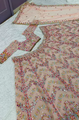 Peach georgette embroidered lehenga choli with dupatta
