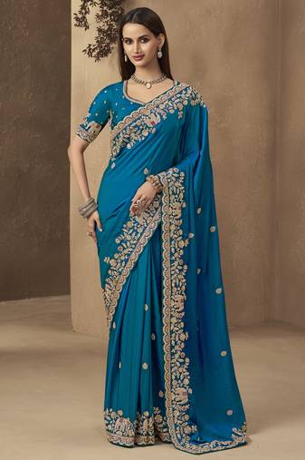 Dark teal embroidered pramium satin saree with designer blouse fabric