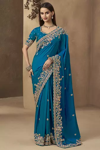 Dark teal embroidered pramium satin saree with designer blouse fabric