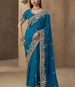 Dark teal embroidered pramium satin saree with designer blouse fabric
