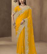 Yellow embroidered pramium satin saree with designer blouse fabric