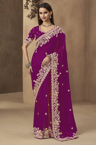 Wine embroidered pramium satin saree with designer blouse fabric