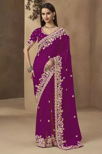 Wine embroidered pramium satin saree with designer blouse fabric