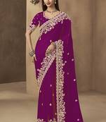 Wine embroidered pramium satin saree with designer blouse fabric