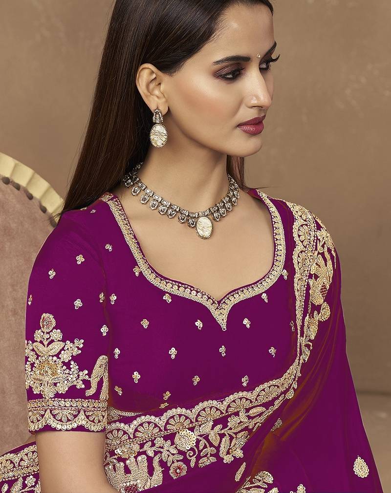 Wine embroidered pramium satin saree with designer blouse fabric