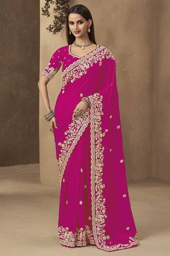 Rani pink embroidered pramium satin saree with designer blouse fabric