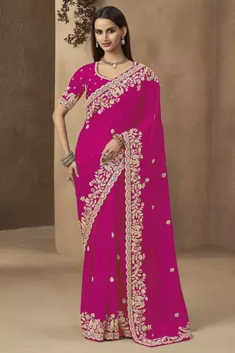 Rani pink embroidered pramium satin saree with designer blouse fabric