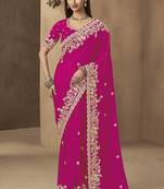 Rani pink embroidered pramium satin saree with designer blouse fabric