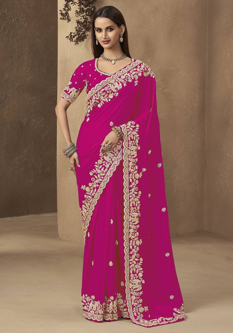 Rani pink embroidered pramium satin saree with designer blouse fabric