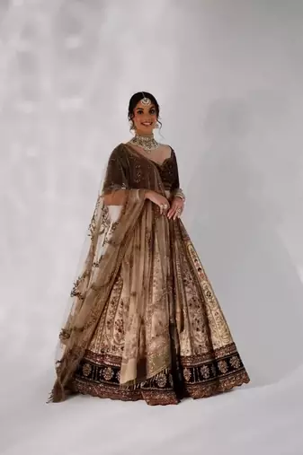 Dark Brown Velvet Sequins & Dori Work All Over Front & Back Lehenga Set