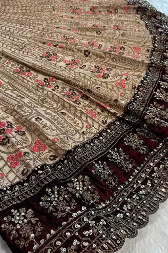 Dark Brown Velvet Sequins & Dori Work All Over Front & Back Lehenga Set