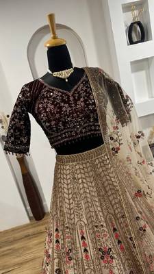 Dark Brown Velvet Sequins & Dori Work All Over Front & Back Lehenga Set 4