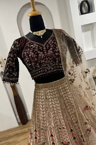Dark Brown Velvet Sequins & Dori Work All Over Front & Back Lehenga Set