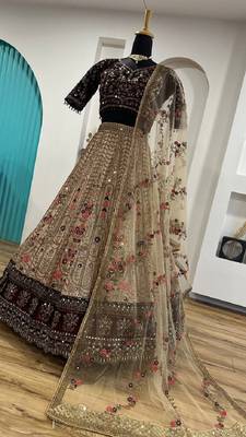 Dark Brown Velvet Sequins & Dori Work All Over Front & Back Lehenga Set 5