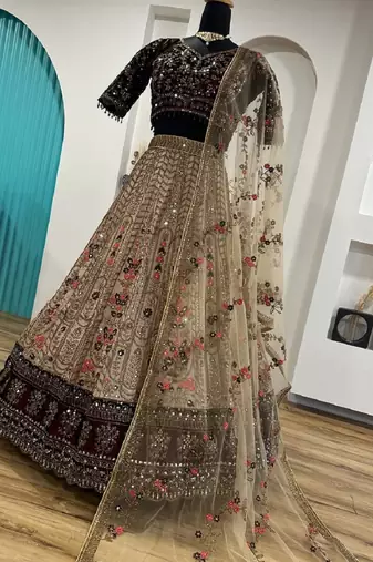 Dark Brown Velvet Sequins & Dori Work All Over Front & Back Lehenga Set