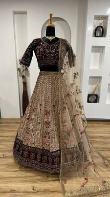Dark Brown Velvet Sequins & Dori Work All Over Front & Back Lehenga Set 6