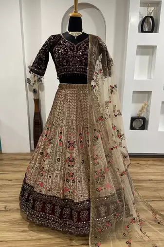 Dark Brown Velvet Sequins & Dori Work All Over Front & Back Lehenga Set