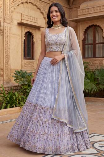blue floral printed georgette festival lehenga set choli with dupatta