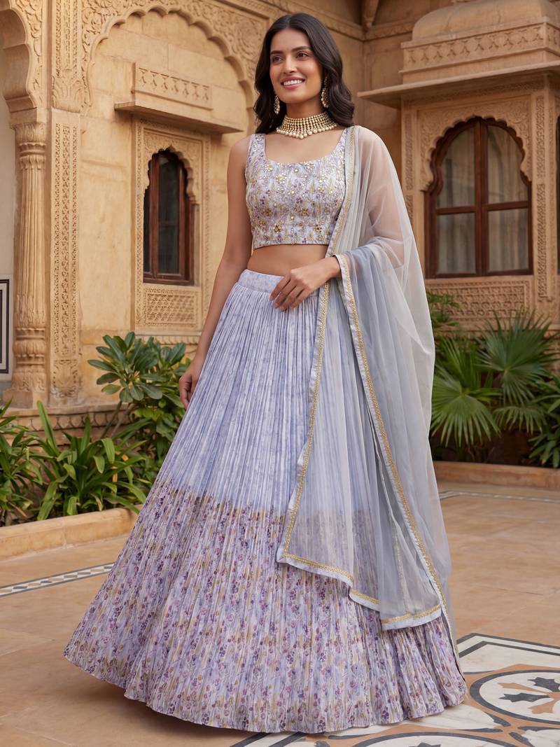 blue floral printed georgette festival lehenga set choli with dupatta