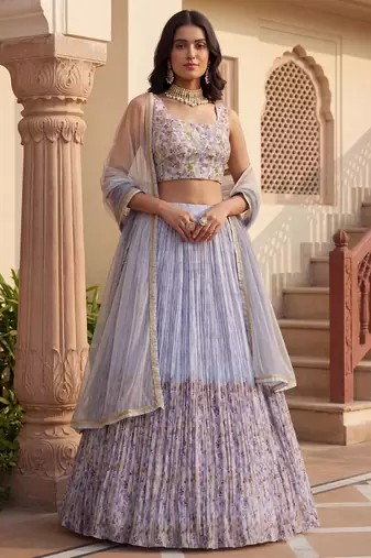 blue floral printed georgette festival lehenga set choli with dupatta