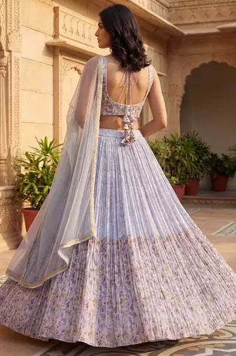 blue floral printed georgette festival lehenga set choli with dupatta