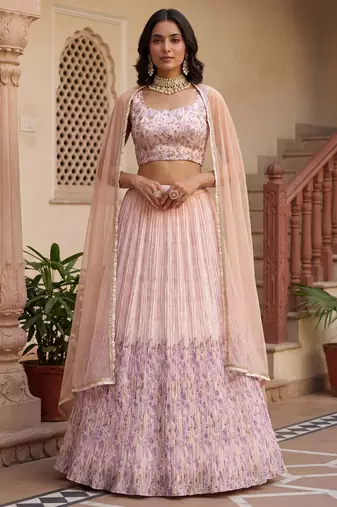 peach floral printed georgette lehenga set choli with dupatta